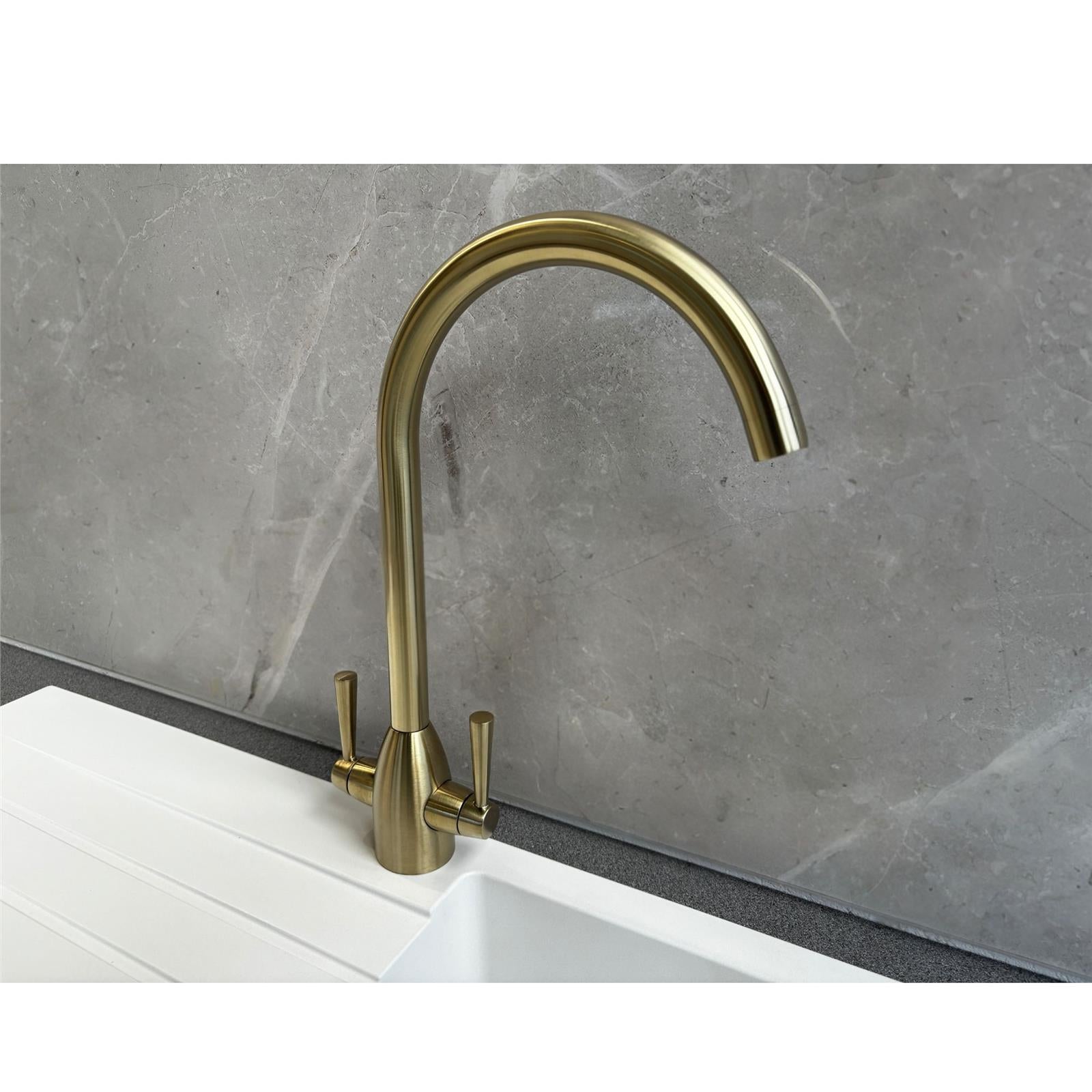 Liquida W05BG Swan Neck Monobloc Twin Lever Brushed Gold Kitchen Mixer Tap